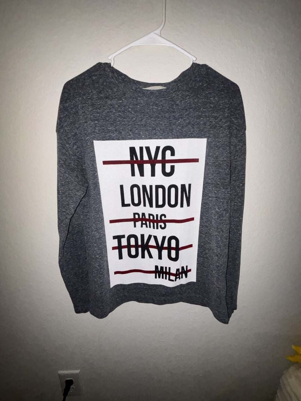 Zara Trafaluc Gray Long Sleeve Graphic Shirt with City List and 64 Detail